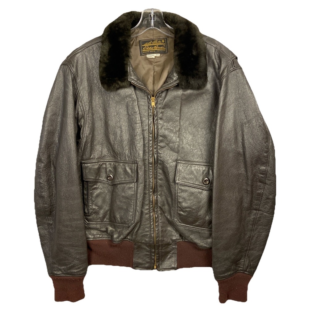 Vintage Eddie Bauer Aviator Bomber Jacket Men's 44 Brown Leather Fur 80s